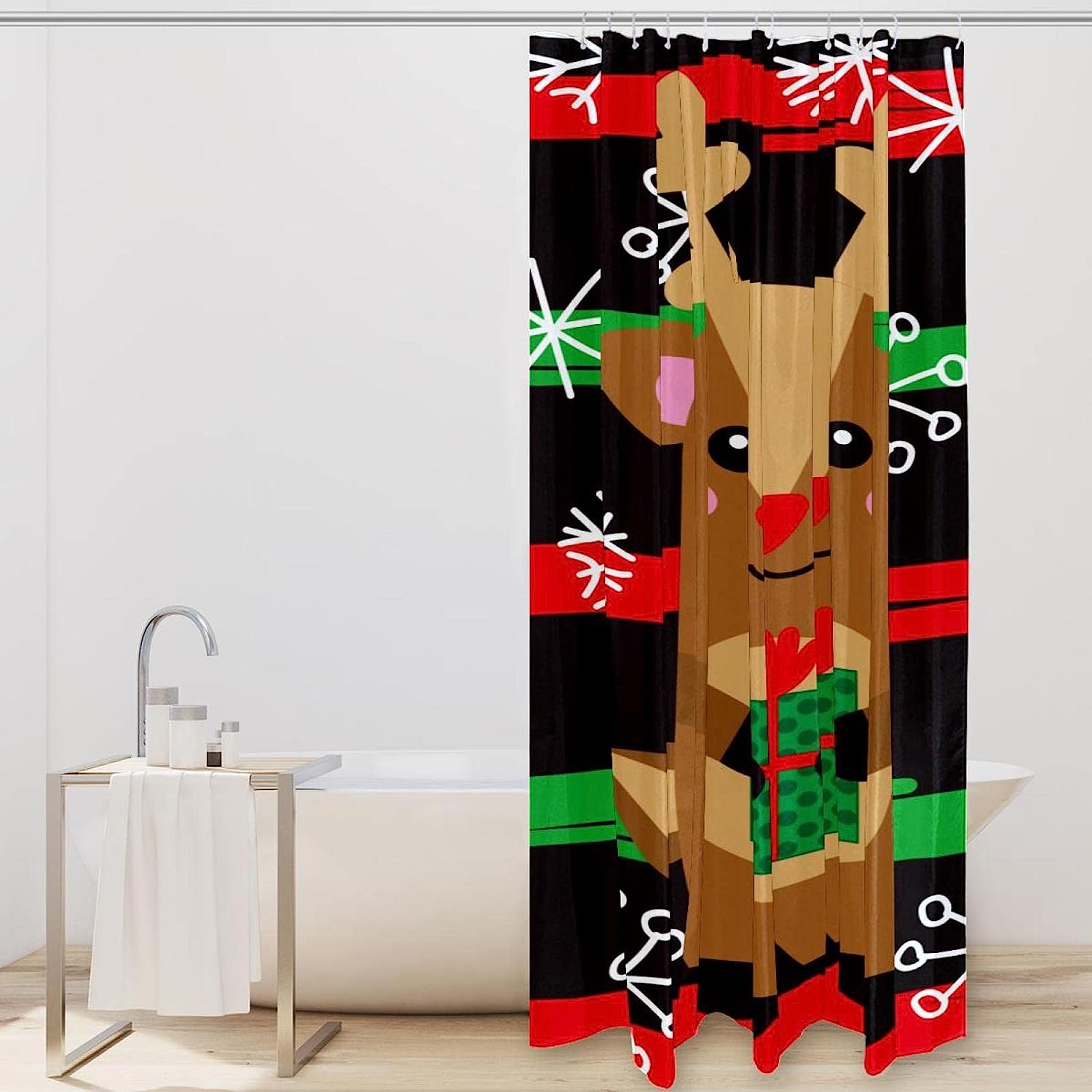 Christmas Cartoon Reindeer Snowflakes Decorative Shower Curtain for Bathroom