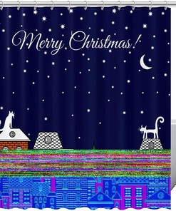 Christmas Cats Houses Stars Moon Shower Curtain - Festive Bathroom Decor