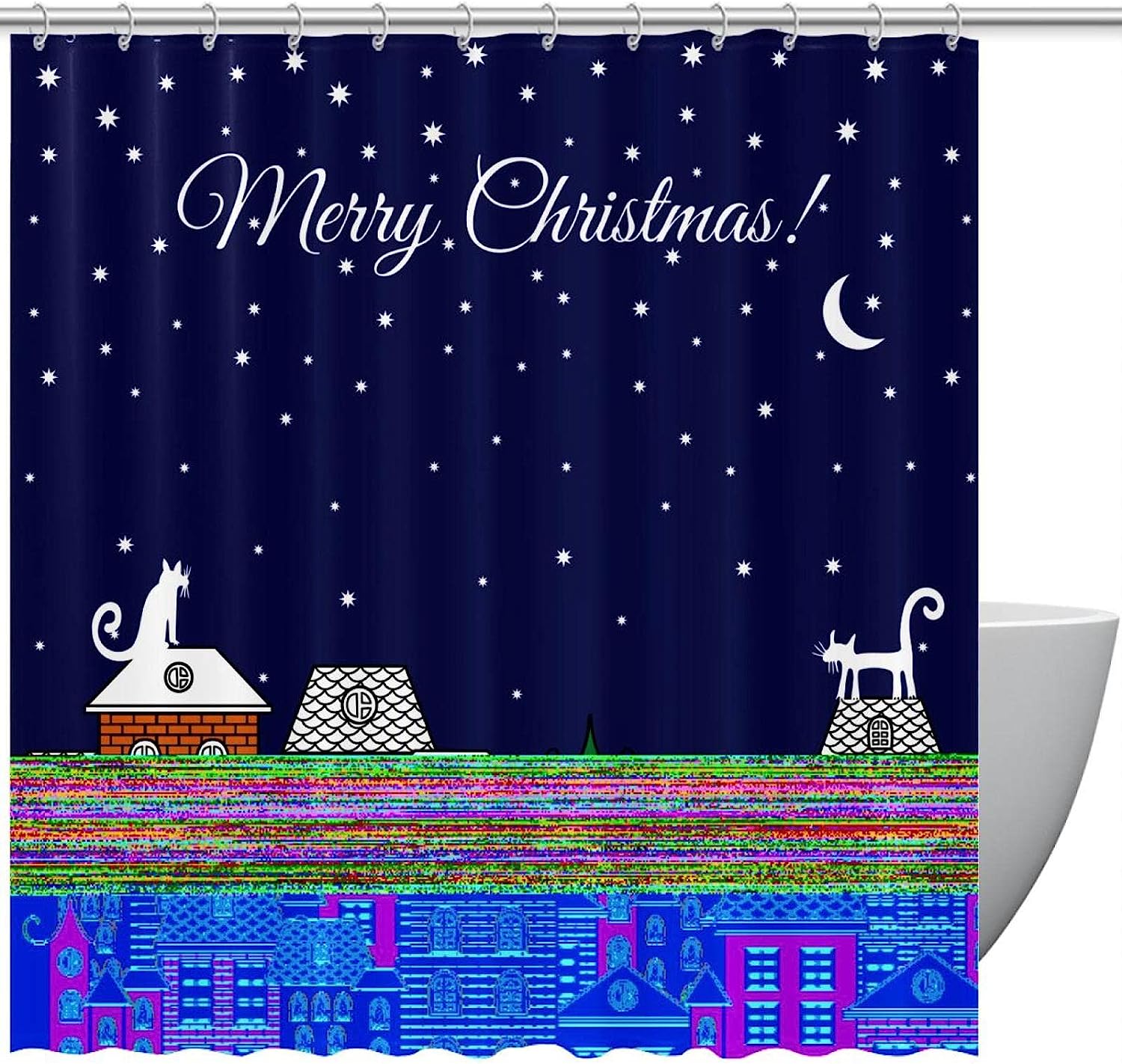 Christmas Cats Houses Stars Moon Shower Curtain - Festive Bathroom Decor