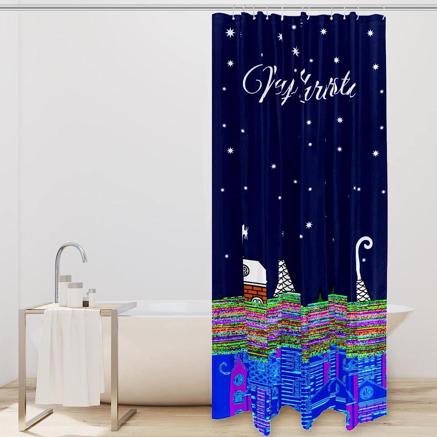 Christmas Cats Houses Stars Moon Shower Curtain - Festive Bathroom Decor - Image 2