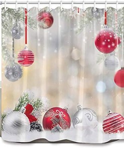 Christmas Cedar Snowflake Shower Curtain with Festive Red and Silver Balls
