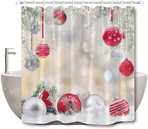 Christmas Cedar Snowflake Shower Curtain with Festive Red and Silver Balls