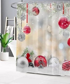 Christmas Cedar Snowflake Shower Curtain with Festive Red and Silver Balls