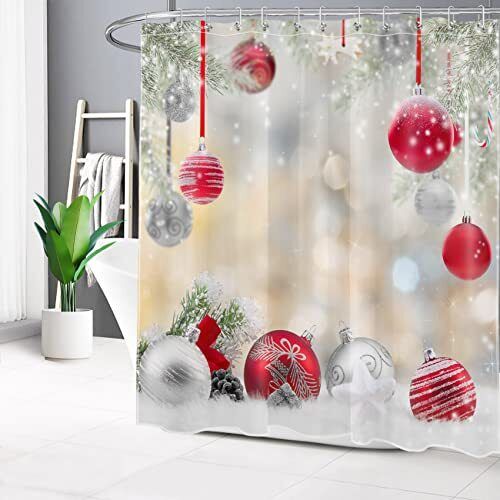 Christmas Cedar Snowflake Shower Curtain with Festive Red and Silver Balls