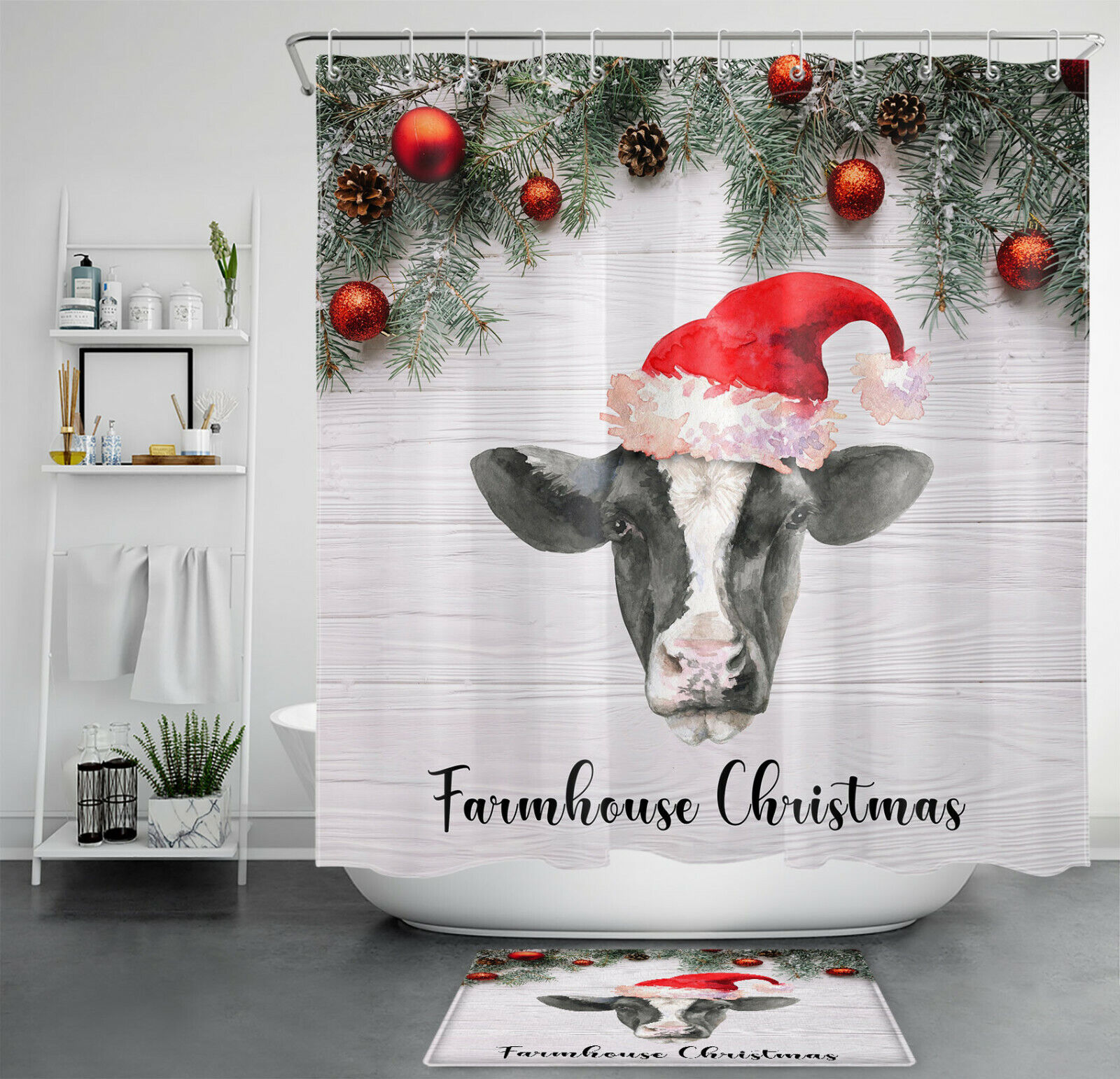 Christmas Cow Shower Curtain - Farmhouse Bathroom Decor