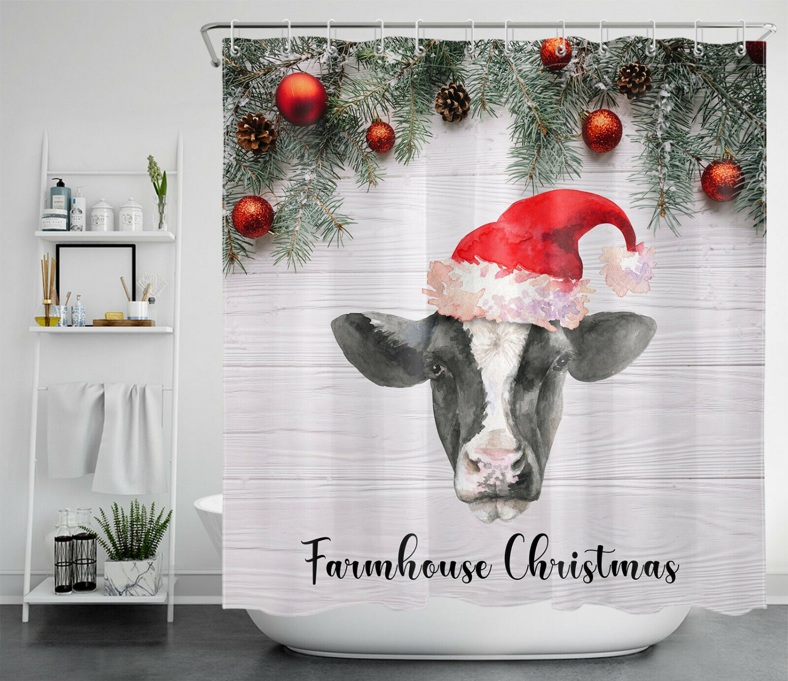 Christmas Cow Shower Curtain - Farmhouse Bathroom Decor - Image 2