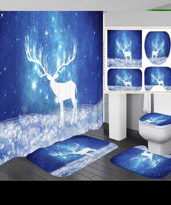 Christmas Deer Bathroom Decor Shower Curtain With Festive Floor Mat