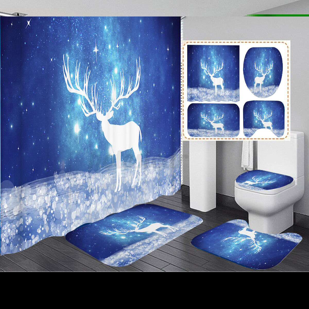 Christmas Deer Bathroom Decor Shower Curtain With Festive Floor Mat