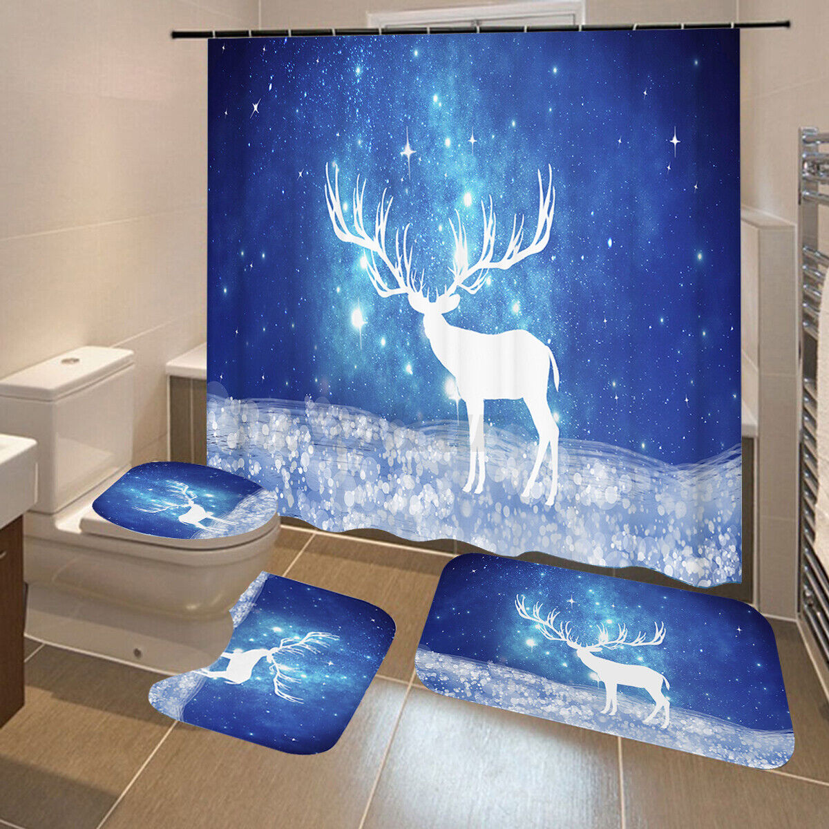Christmas Deer Bathroom Decor Shower Curtain With Festive Floor Mat - Image 2