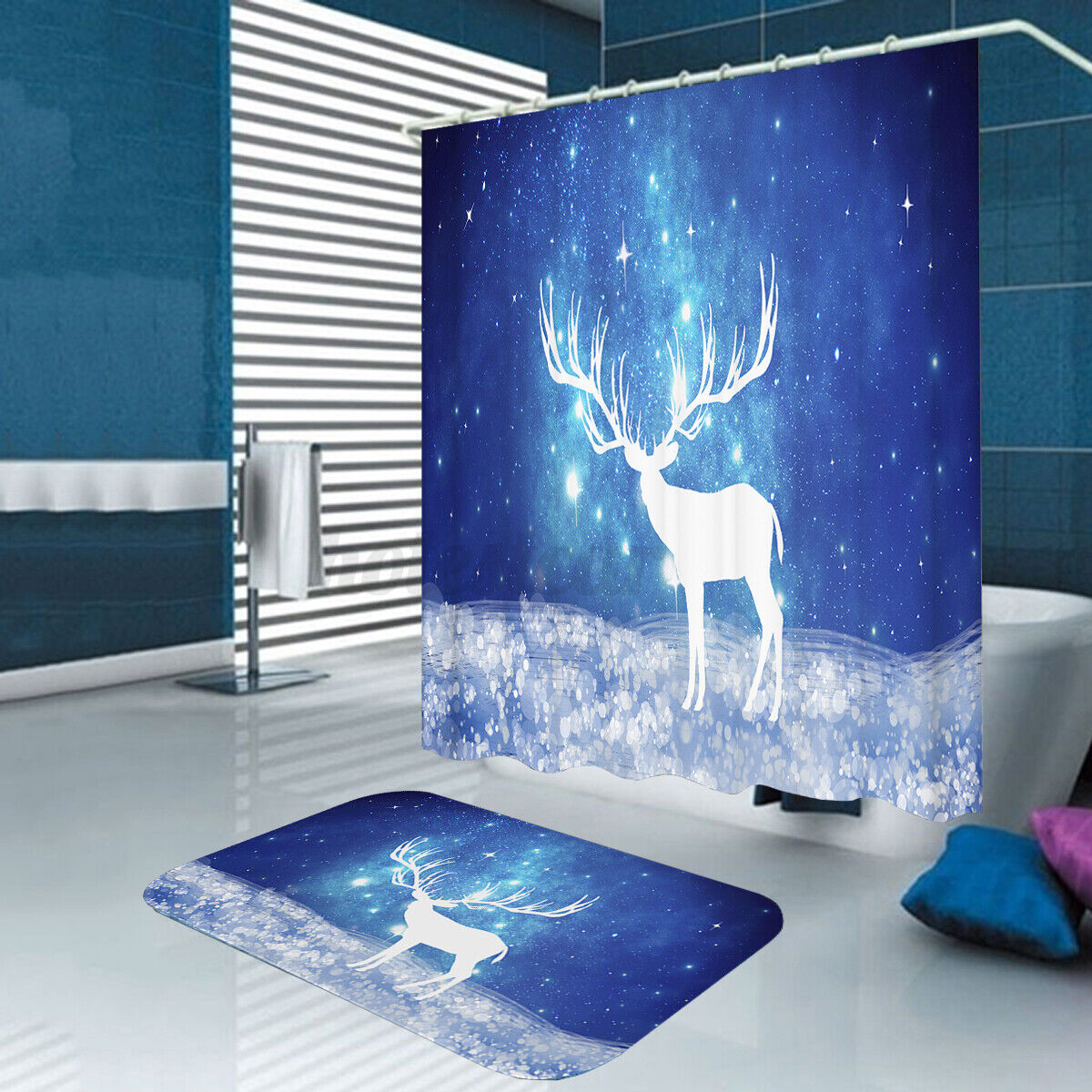 Christmas Deer Bathroom Decor Shower Curtain With Festive Floor Mat - Image 3