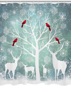 Christmas Deer Forest Moose Cardinal And Xmas Snowflake Winter Shower Curtain With Unique Shower Curtains