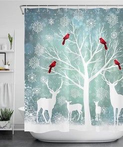 Christmas Deer Forest Moose Cardinal And Xmas Snowflake Winter Shower Curtain With Unique Shower Curtains