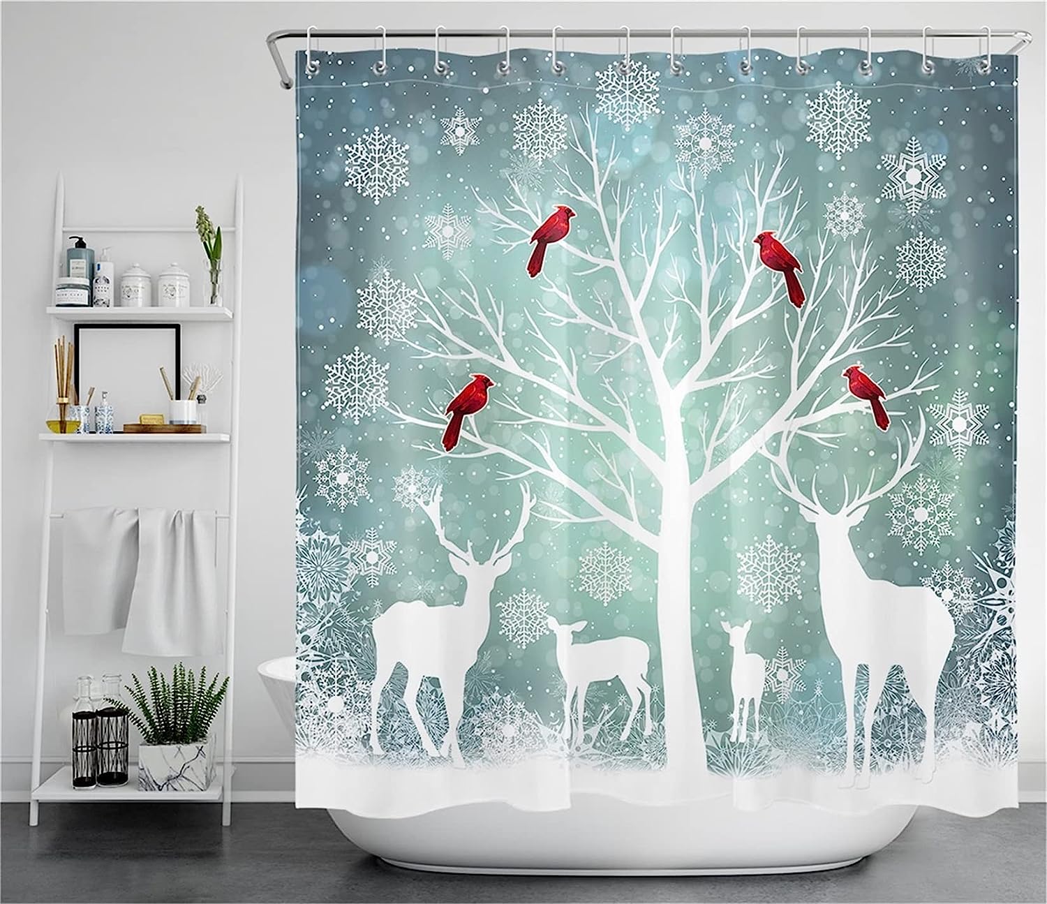 Christmas Deer Forest Moose Cardinal And Xmas Snowflake Winter Shower Curtain With Unique Shower Curtains