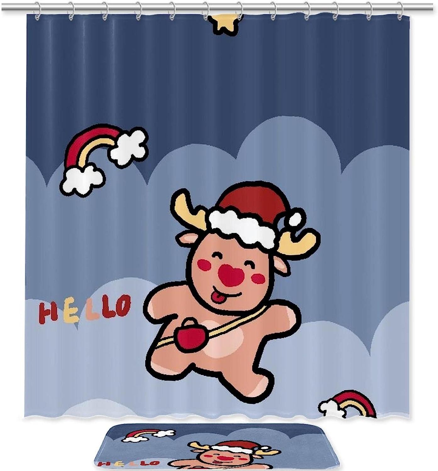 Christmas Deer Snowball Fight Bathroom Set With Waterproof Fabric Shower Curtain