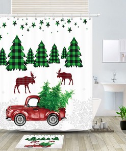 Christmas Deer with Red Truck Print Shower Curtain for Bathroom Decor