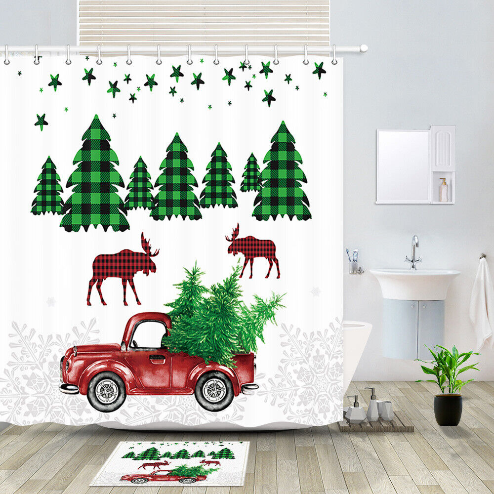 Christmas Deer with Red Truck Print Shower Curtain for Bathroom Decor