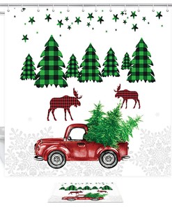 Christmas Deer with Red Truck Print Shower Curtain for Bathroom Decor