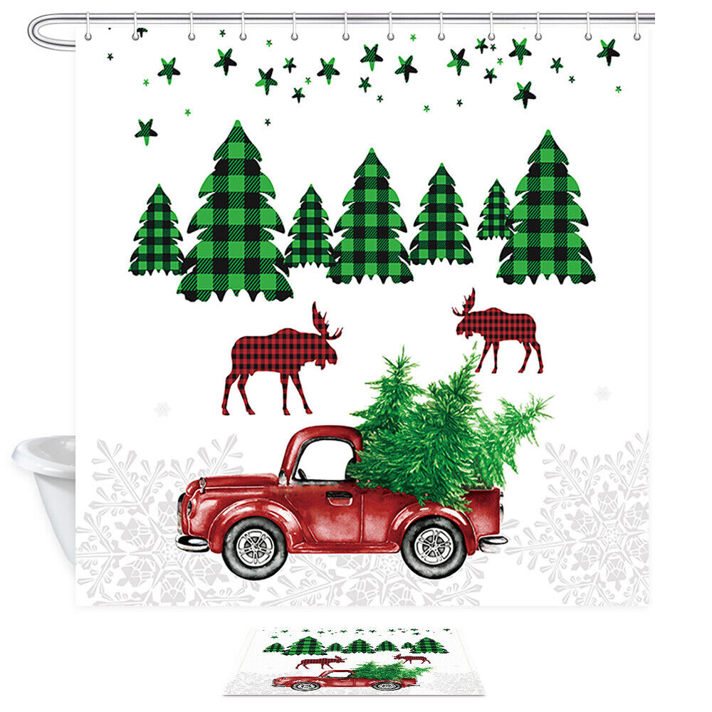 Christmas Deer with Red Truck Print Shower Curtain for Bathroom Decor