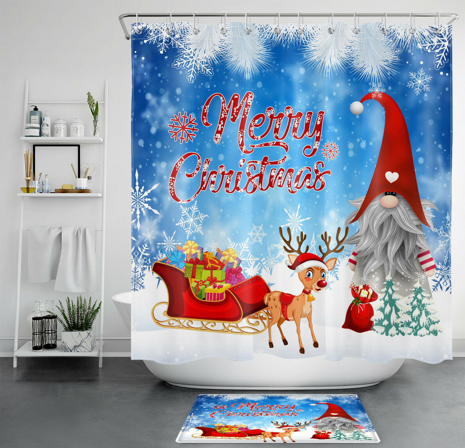 Christmas Elk And Hat Snowflake Shower Curtain - Festive Bathroom Accessory