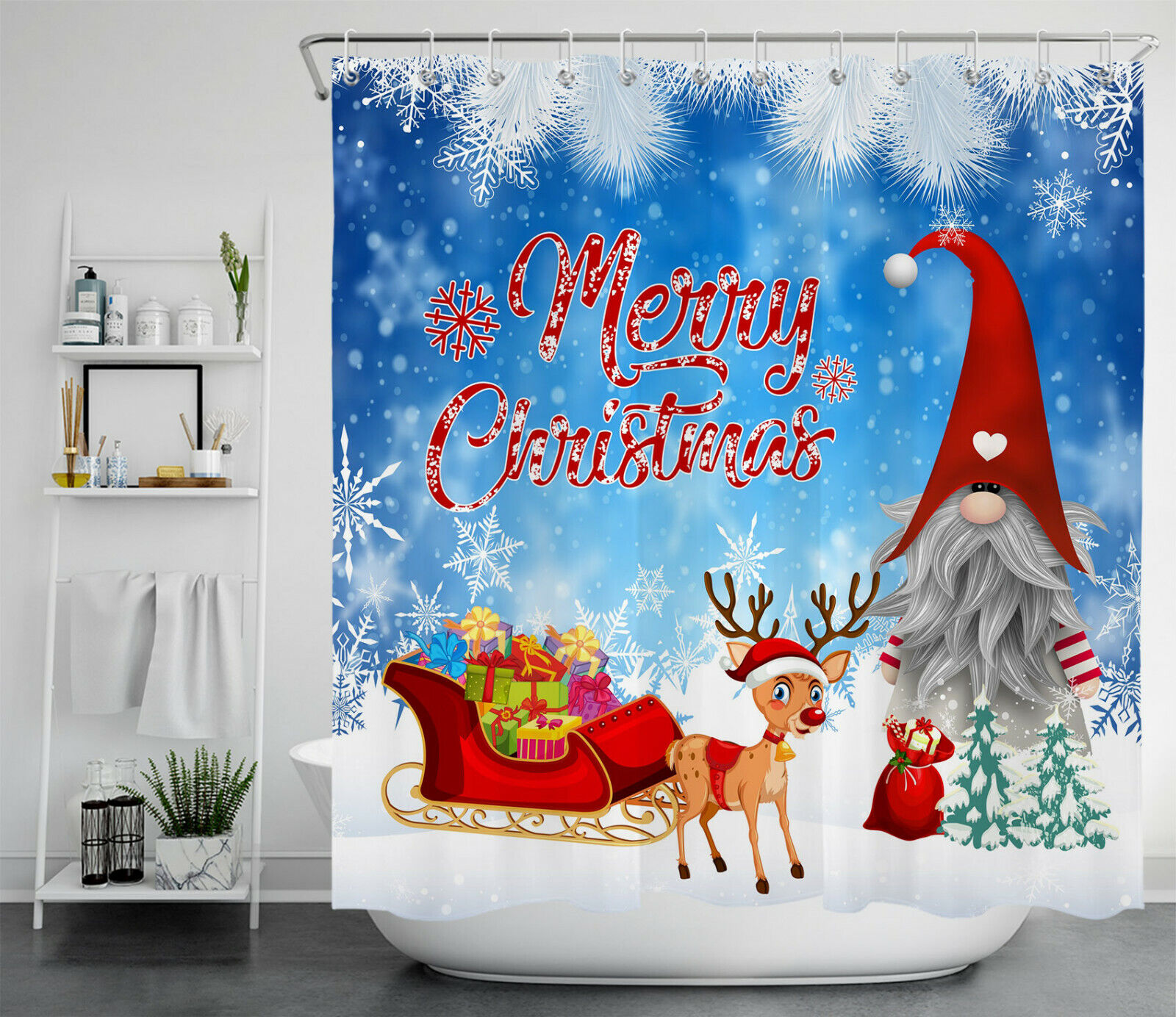 Christmas Elk And Hat Snowflake Shower Curtain - Festive Bathroom Accessory - Image 2