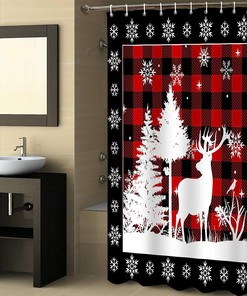 Christmas Elk Moose Buffalo Plaid Shower Curtain for Bathroom Decor