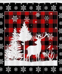 Christmas Elk Moose Buffalo Plaid Shower Curtain for Bathroom Decor