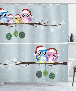 Christmas Family on Tree Print Owl Shower Curtain for Bathroom Decor