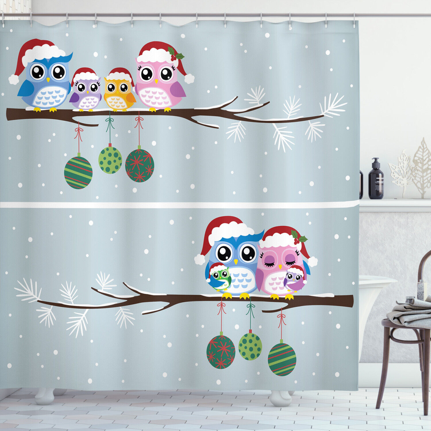 Christmas Family on Tree Print Owl Shower Curtain for Bathroom Decor