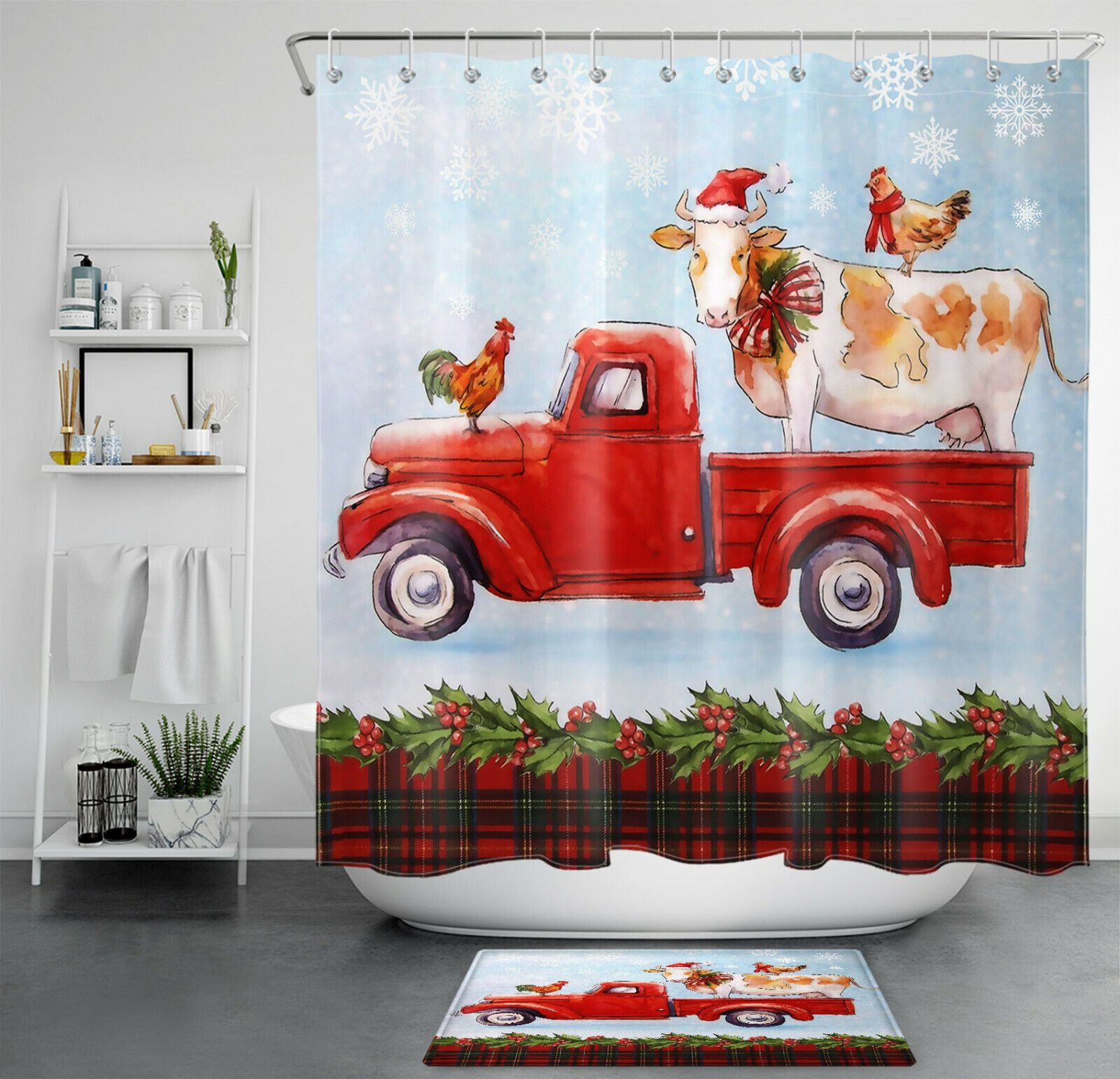 Christmas Farm Animals Shower Curtain For A Farmhouse Bathroom Decor