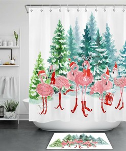 Christmas Flamingos Shower Curtain - Watercolor Fir Forest Bathroom Decor