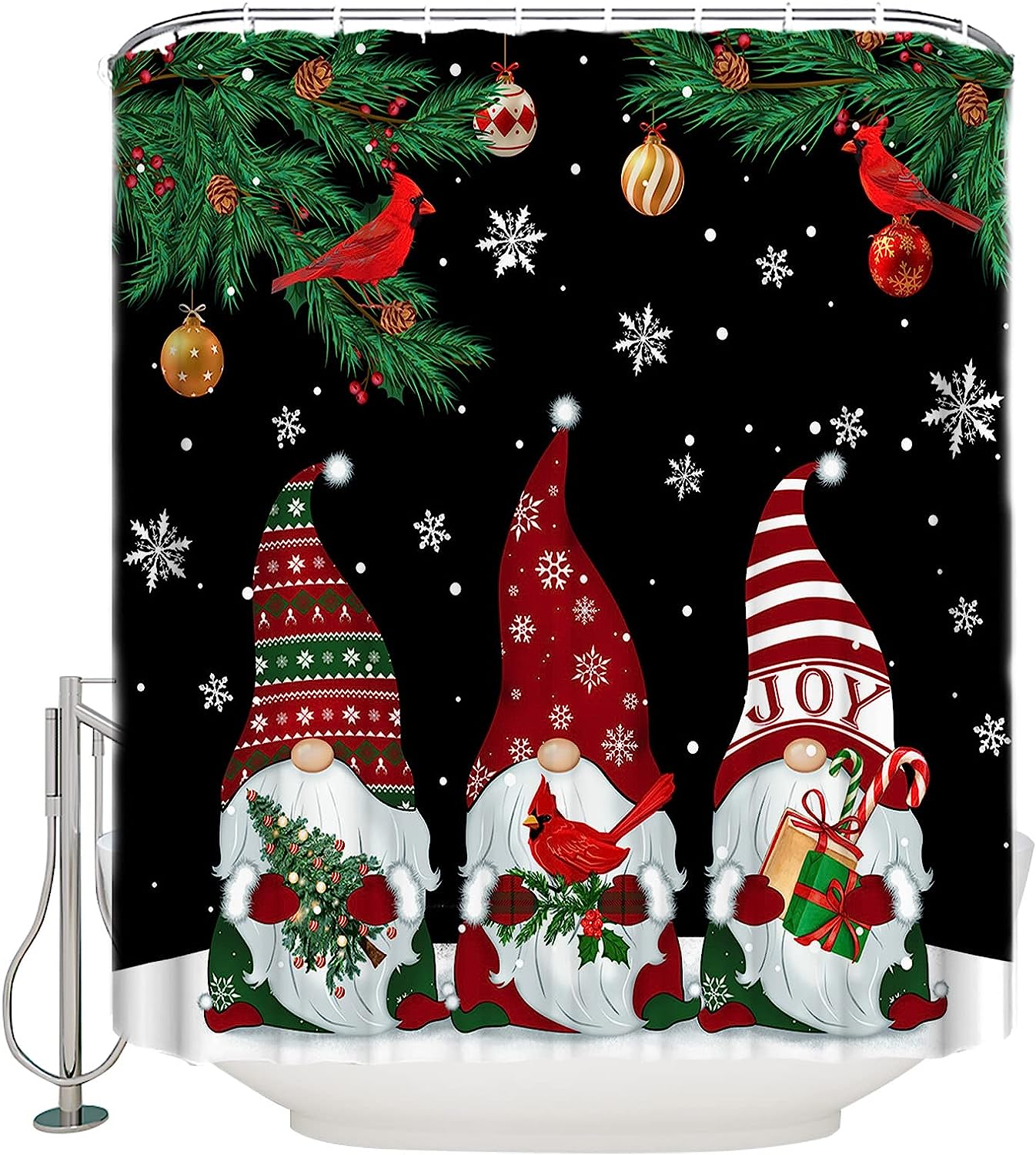 Christmas Gnome Pine Ornaments Snowflake Shower Curtain For Xmas Decor