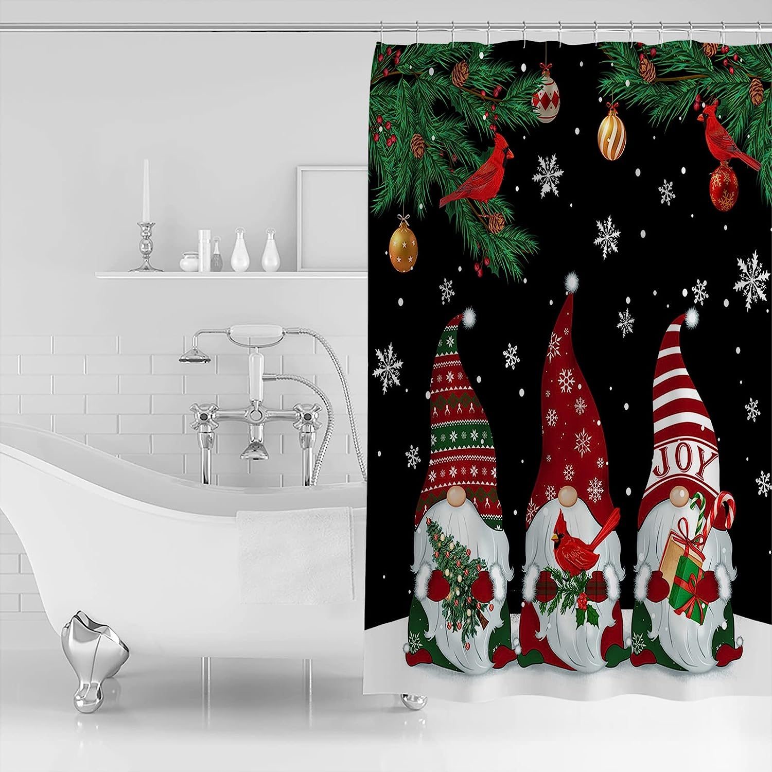 Christmas Gnome Pine Ornaments Snowflake Shower Curtain For Xmas Decor - Image 2