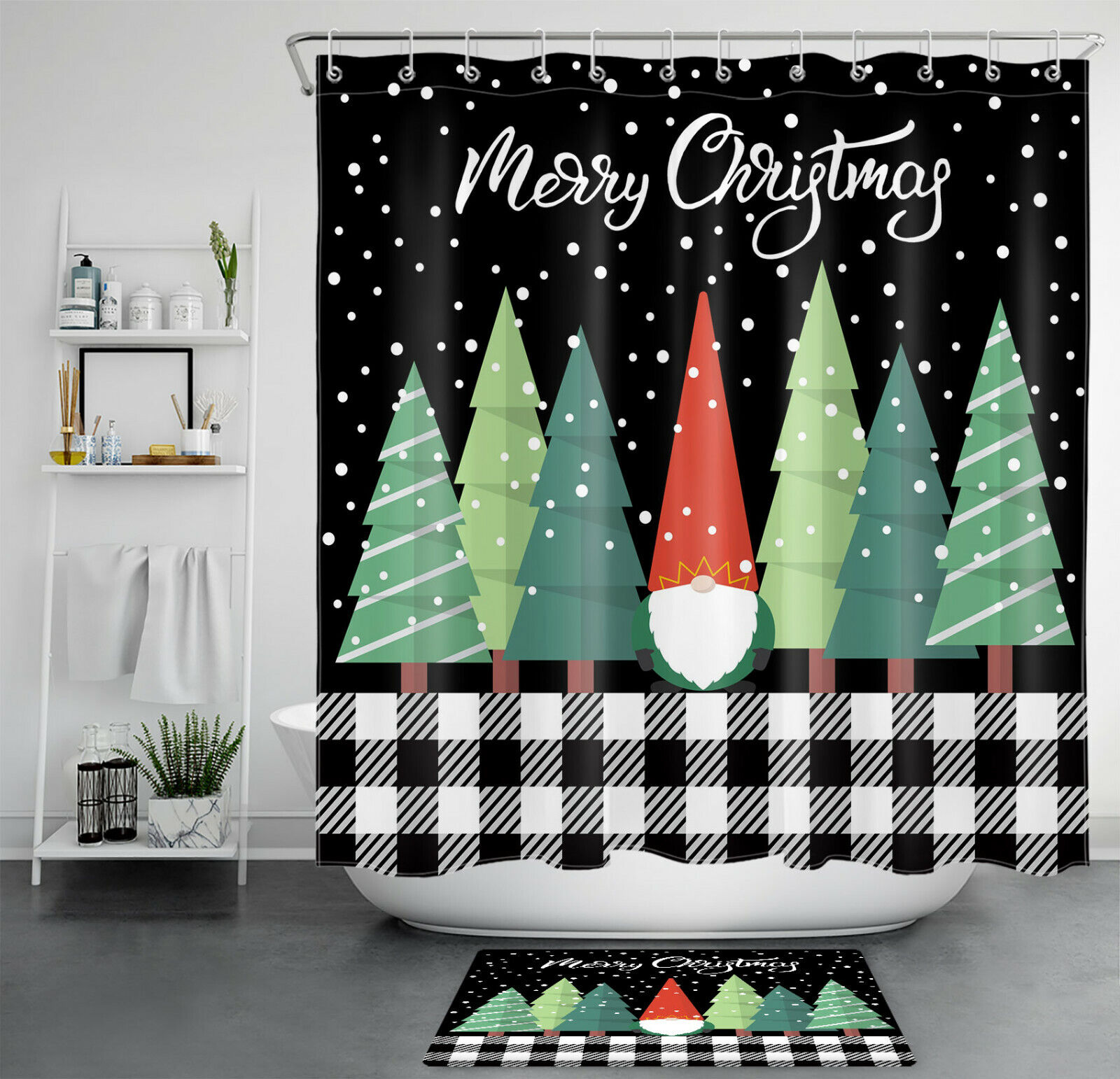 Christmas Gnome Snowflake Shower Curtain With Cartoon Tree Print For Festive Bathrooms
