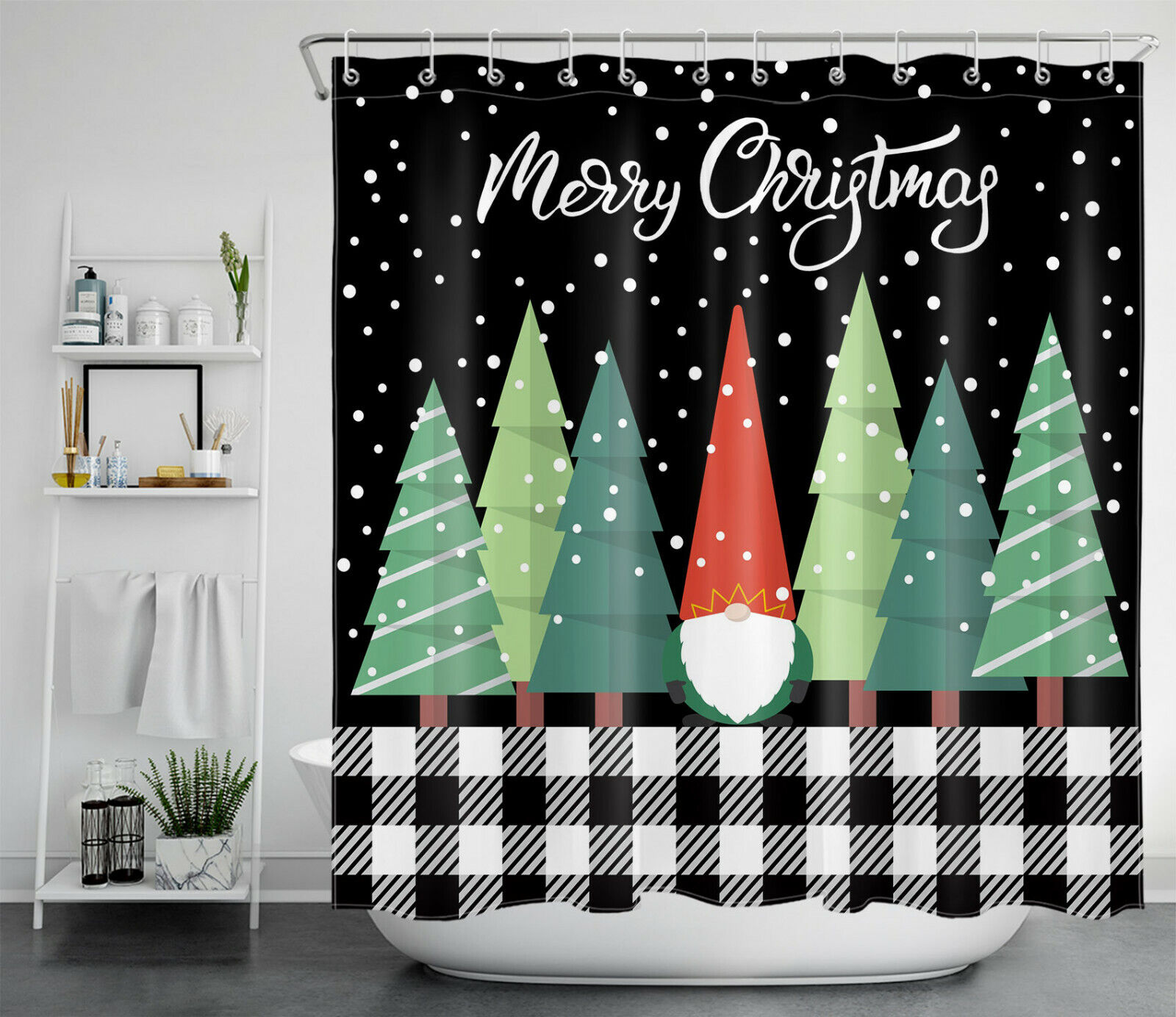 Christmas Gnome Snowflake Shower Curtain With Cartoon Tree Print For Festive Bathrooms - Image 2