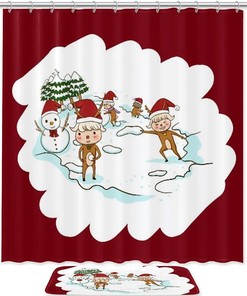 Christmas Golden Deer Elk Red Bathroom Set With Waterproof Fabric Shower Curtain