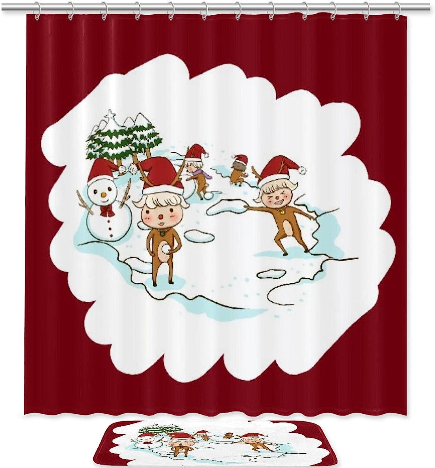 Christmas Golden Deer Elk Red Bathroom Set With Waterproof Fabric Shower Curtain