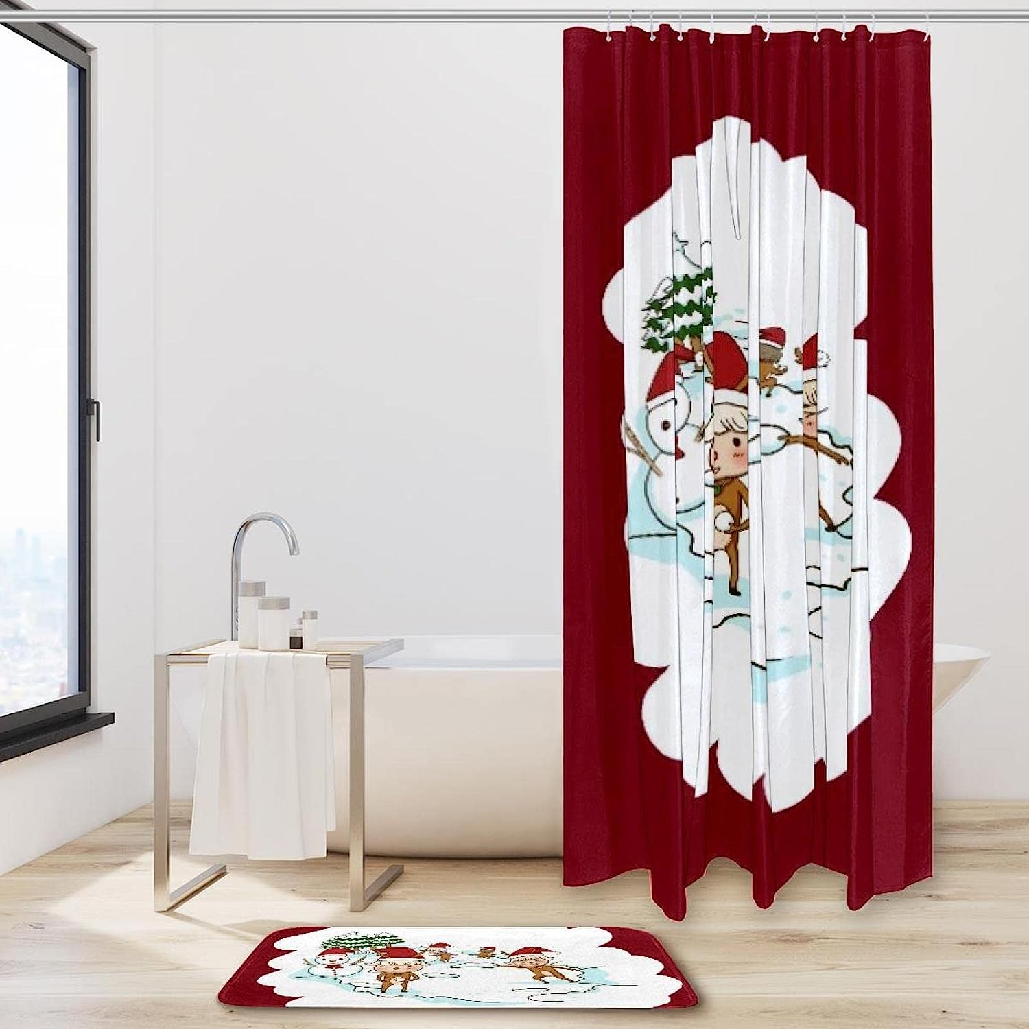 Christmas Golden Deer Elk Red Bathroom Set With Waterproof Fabric Shower Curtain - Image 2