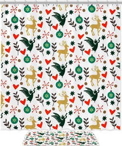 Christmas Hearts And Deer Angels Printed Shower Curtain For Colorful Bathroom Decor