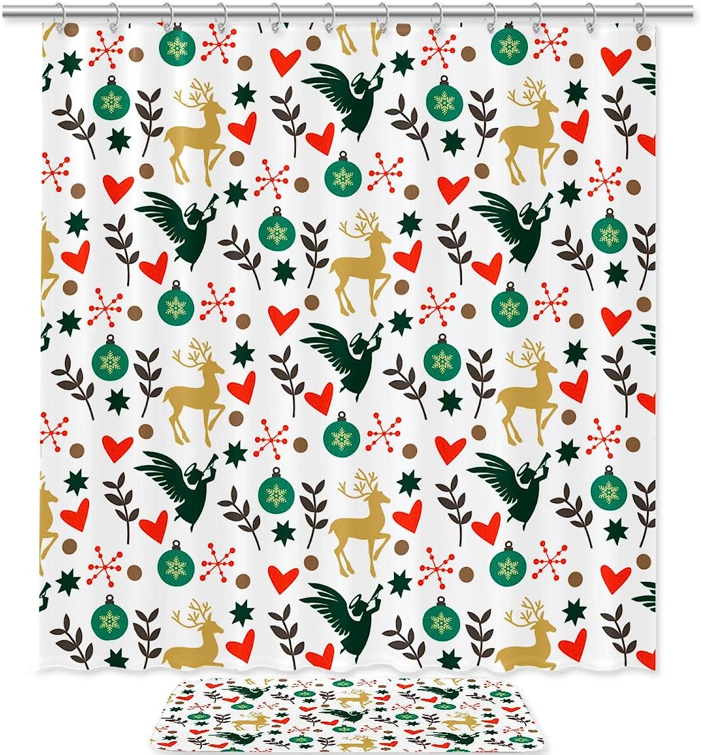 Christmas Hearts And Deer Angels Printed Shower Curtain For Colorful Bathroom Decor