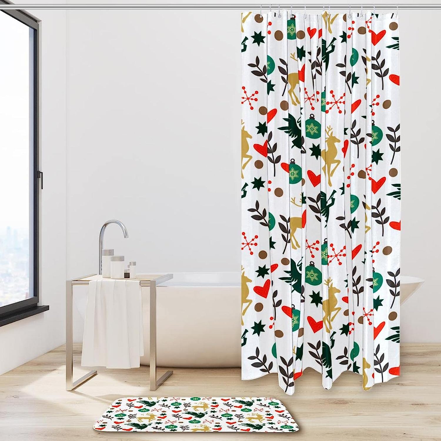 Christmas Hearts And Deer Angels Printed Shower Curtain For Colorful Bathroom Decor - Image 2