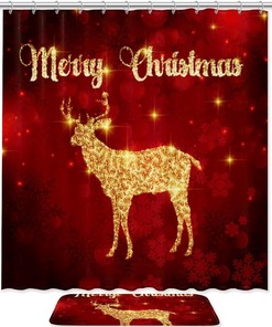 Christmas Jumping Deer Bathroom Set With Waterproof Fabric Shower Curtain