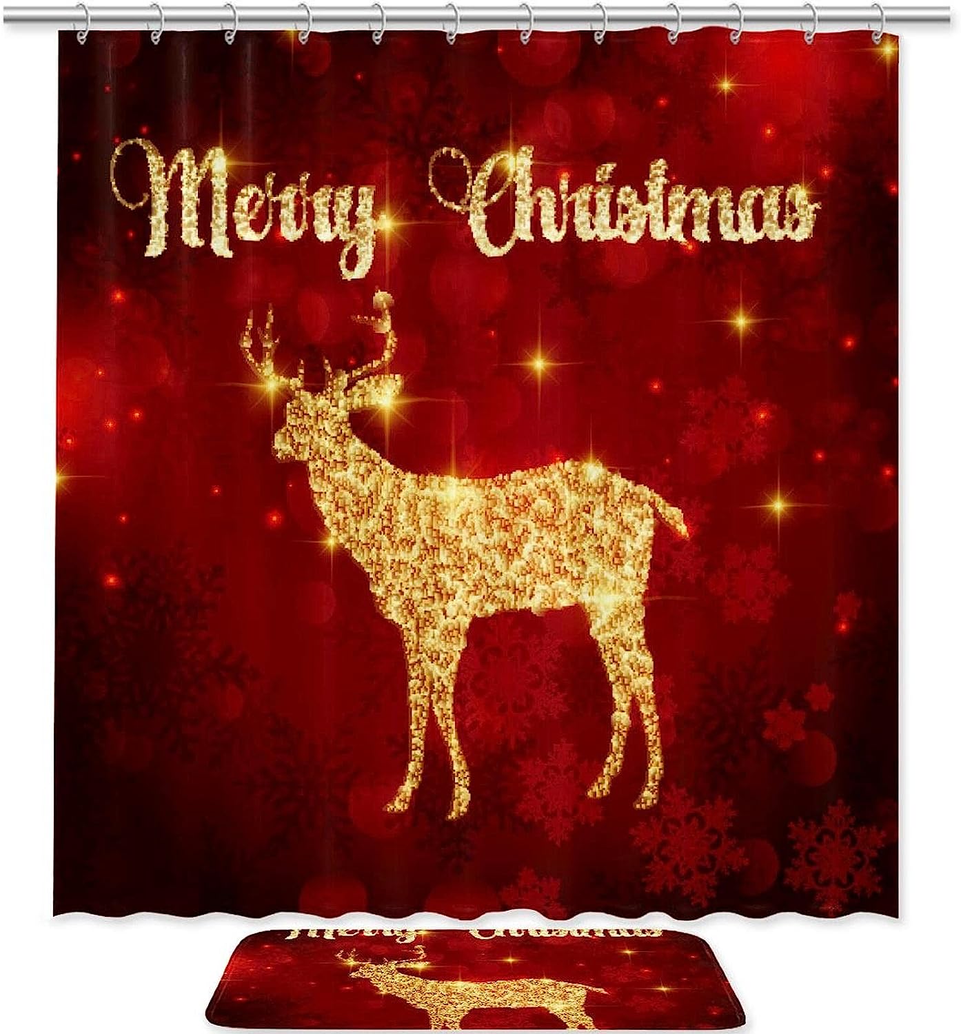Christmas Jumping Deer Bathroom Set With Waterproof Fabric Shower Curtain