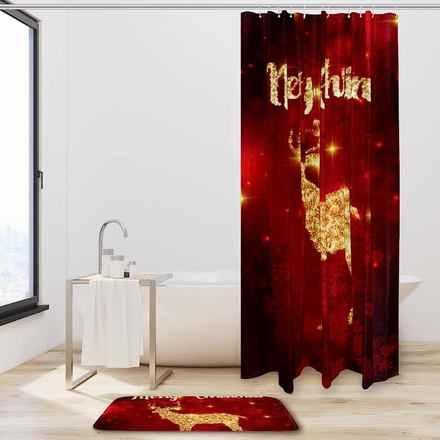 Christmas Jumping Deer Bathroom Set With Waterproof Fabric Shower Curtain - Image 2
