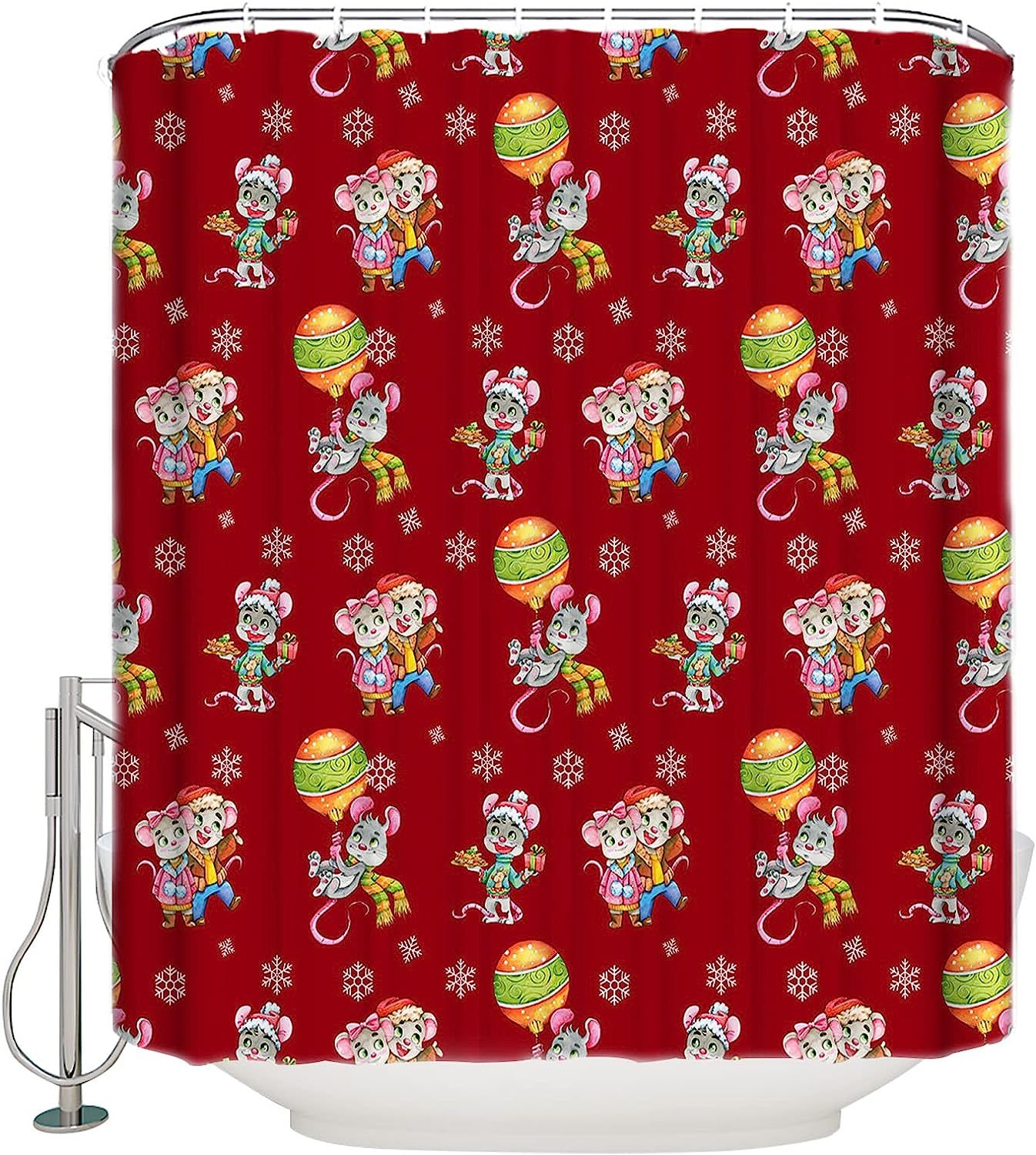 Christmas Love Shower Curtain | Cute Mouse Winter Balls Snowflake Bathroom Decor