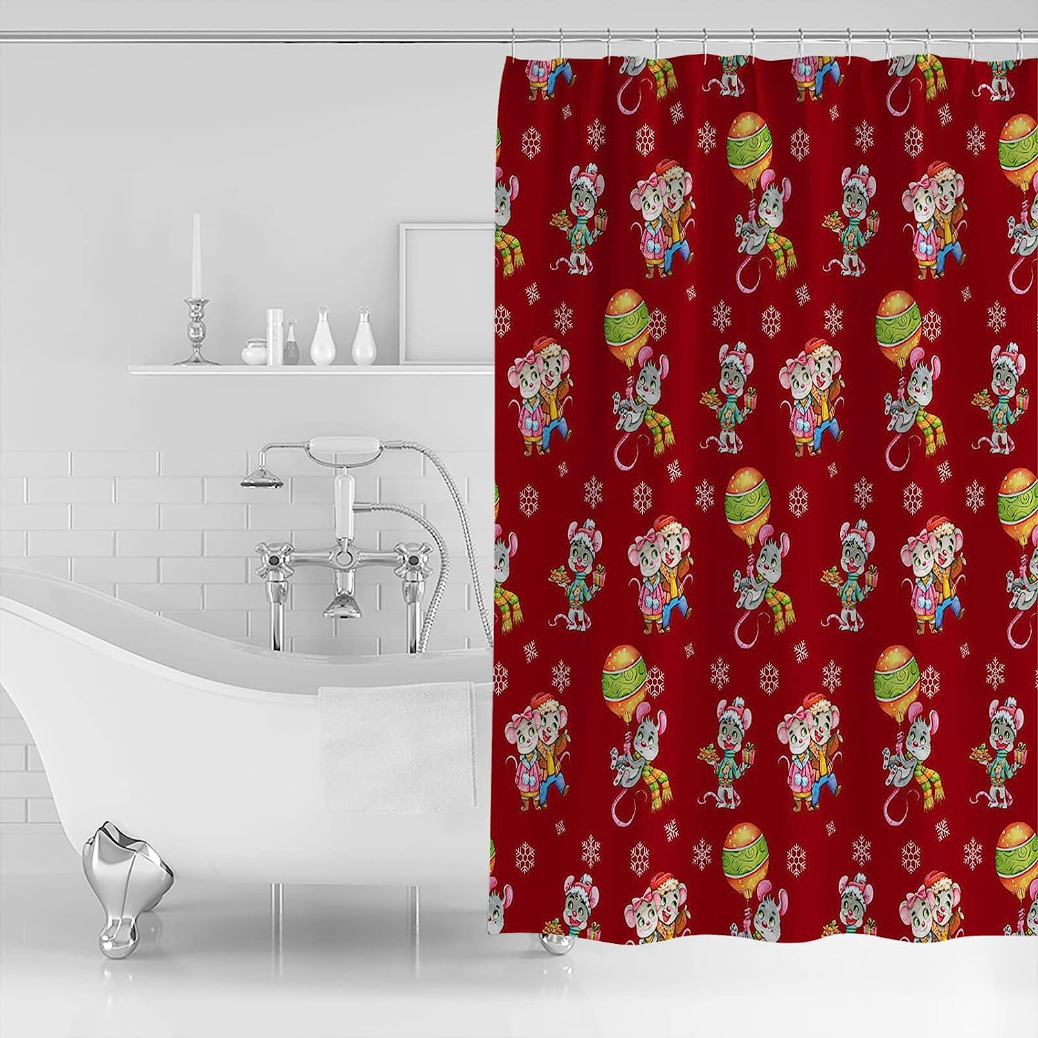 Christmas Love Shower Curtain | Cute Mouse Winter Balls Snowflake Bathroom Decor - Image 2