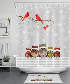 Christmas Owl Shower Curtain - Winter Snowflakes Cardinals Bathroom Accessories