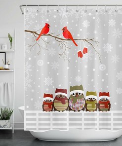 Christmas Owl Shower Curtain - Winter Snowflakes Cardinals Bathroom Accessories