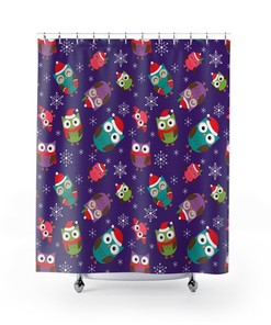 Christmas Owls Snowflakes Fabric Shower Curtain - Festive Holiday Bathroom Decor
