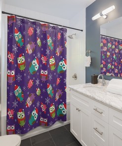 Christmas Owls Snowflakes Fabric Shower Curtain - Festive Holiday Bathroom Decor