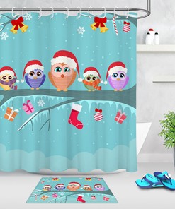 Christmas Owls, Socks, And Gift Boxes On A Tree Print Shower Curtain For Festive Bathroom Decor